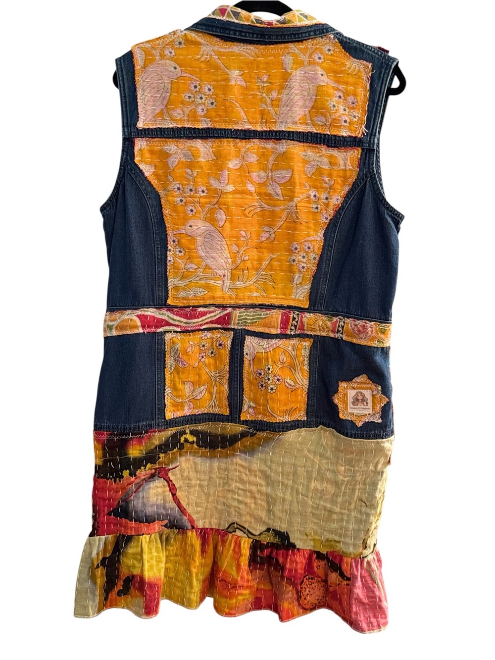 Upcycled Denim Duster Vest Kantha Patchwork Boho Wearable Art Festival Jacket L - Picture 7 of 8